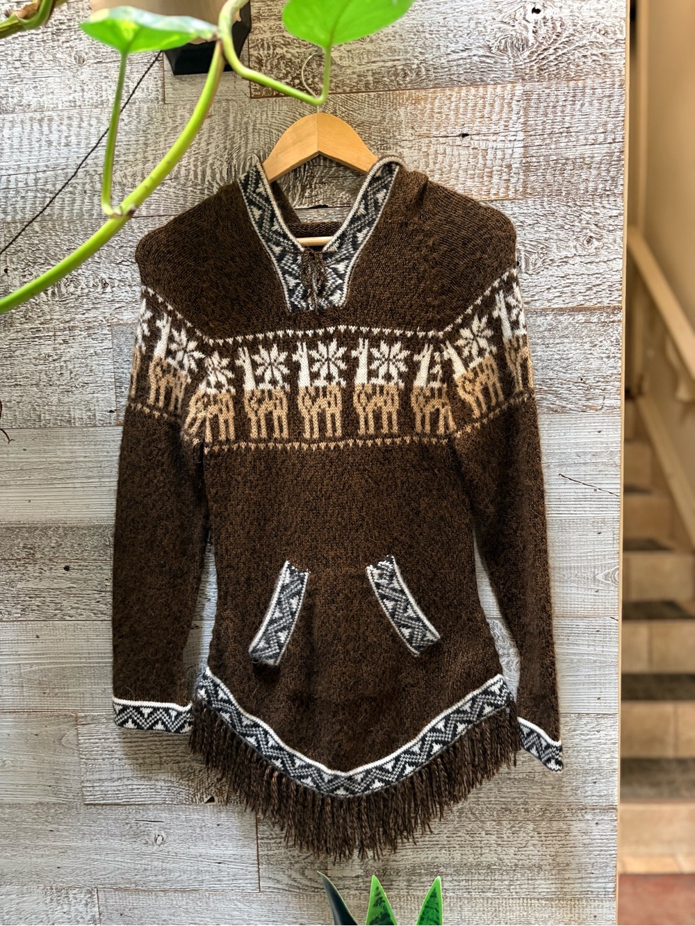 South American Tunic-Length Wool-Blend Hooded Pullover - Unisex XS, Brown/White